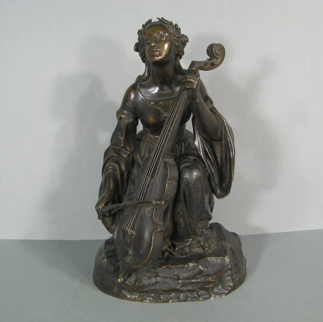 Sainte Cécile Jeune Femme Musicienne Sculpture Bronze Ancien Signé Gechter