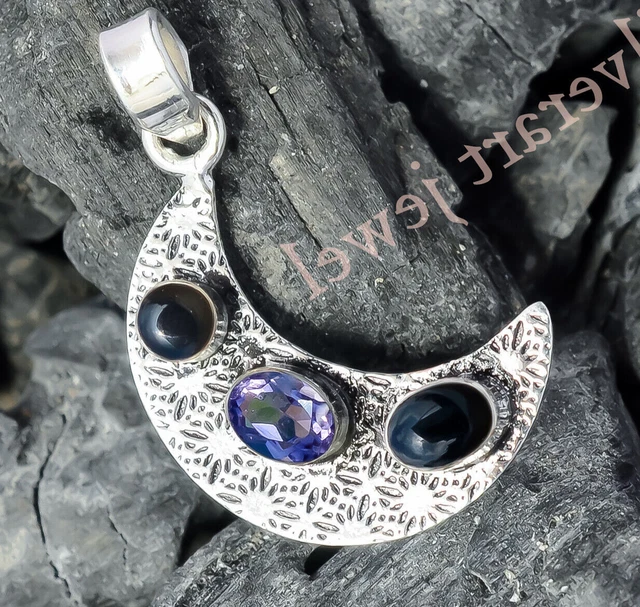 Amethyst-Schliff, schwarzer Onyx-Edelstein-Anhänger, 925er-Sterlingsilber,...