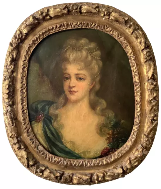 18th Century Portrait Young Lady of the Court of Louis XV Framed Oval Oil Canvas