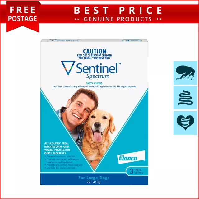 SENTINEL Spectrum BLUE Flea Heartworm Control 3 Doses for Dogs 22 to 45 Kg