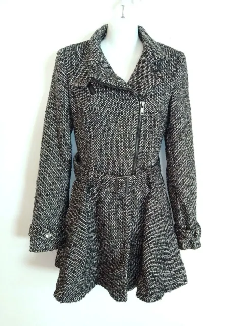Asos Black & Ivory Checked Long Sleeved Zip Up Belted Coat Size 8