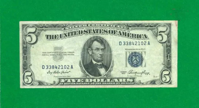$5 1953 1 D/A Block Blue Seal Silver Certificate Circ.