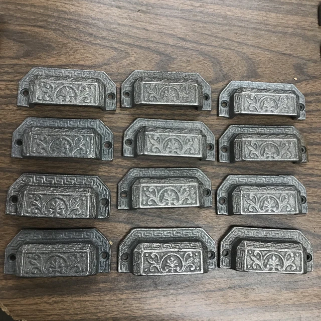 Lot Of 12 ￼Drawer handle bin cup pulls 3-3/4x1-5/8 cast iron antique style