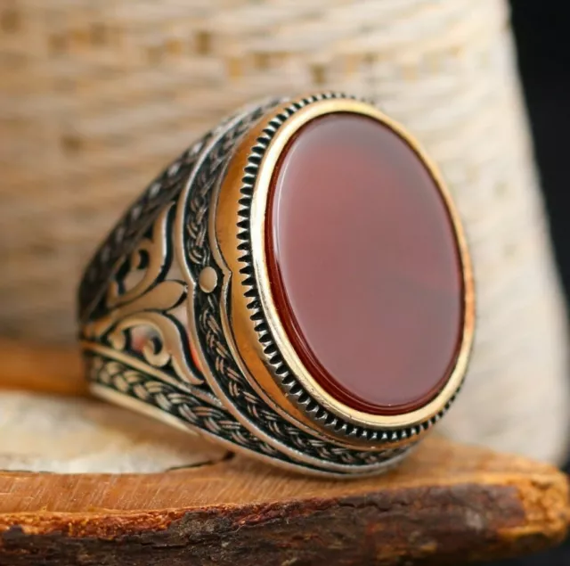 Turkish Oval Flat Agate Stone Solid 925 Sterling Silver Men Ring