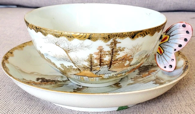 Japanese KUTANI Signed ANTIQUE BUTTERFLY HANDLE TEACUP & SAUCER SET EGGSHELL