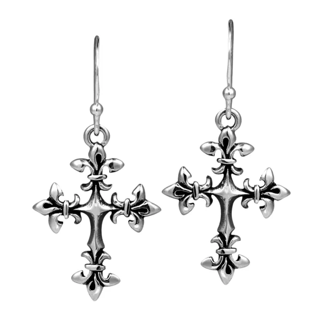 Renaissance Fleur-de-Lis Cross Sterling Silver Dangle  Earrings