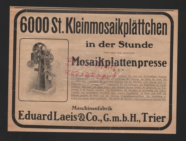 TRIER, Werbung 1922, Eduard Laeis & Co. GmbH Maschinen-Fabrik Mosaik-Platten