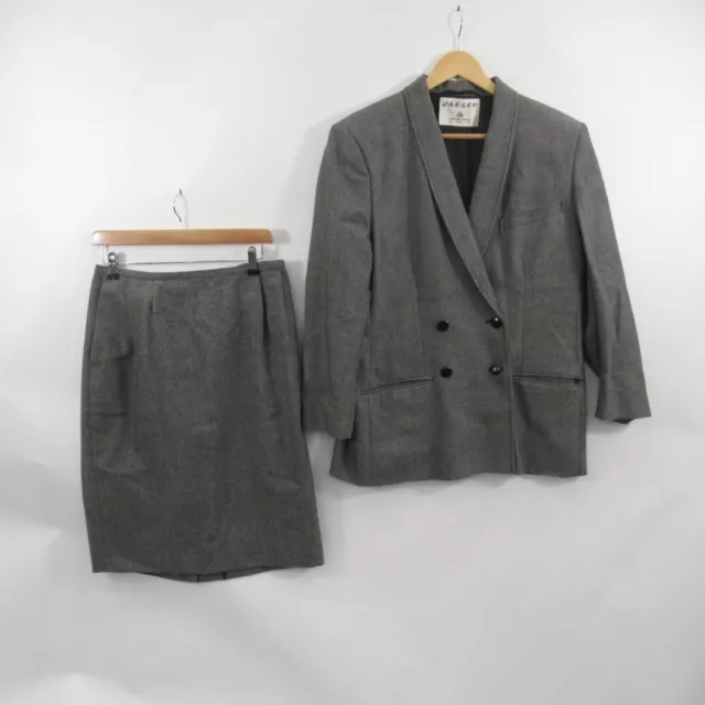 Vintage Jaegar Skirt Suit UK Medium Grey Double Breasted Wool Lined Formal