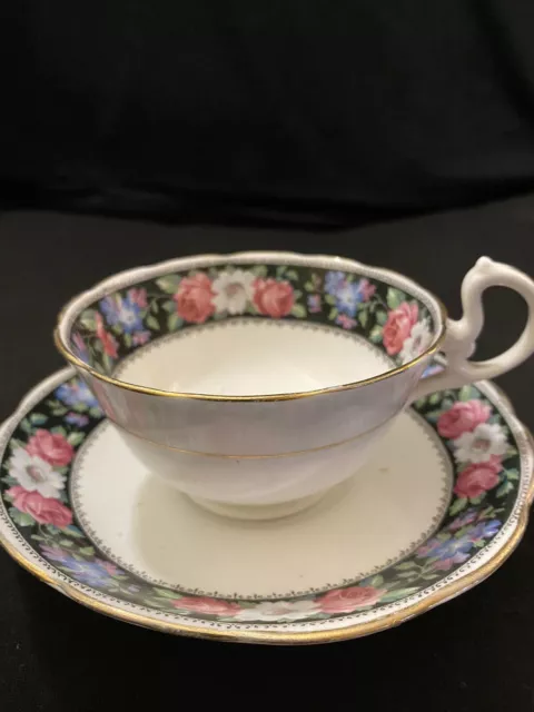 Royal Albert Crown China - Rare 1920’s Tea Cup & Saucer. Flowers On Black Band