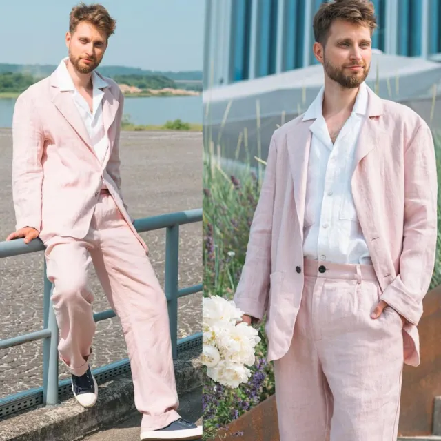 Summer Beach Men's Suit Pink Linen 2 Pieces Business Work Wear Wedding Tuxedos
