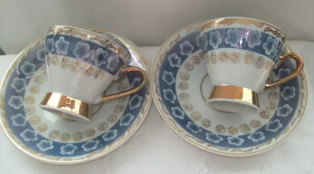 Japanese Demitasse 2 Cups & Saucers White with Blue & Gold Gilt Trim & Pattern