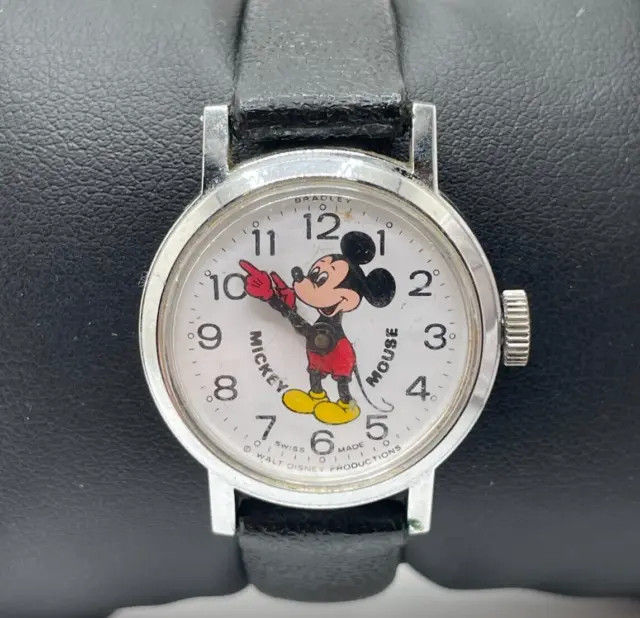 Bradley Mickey Mouse Watch Vintage Analog Swiss Made Black Leather Band