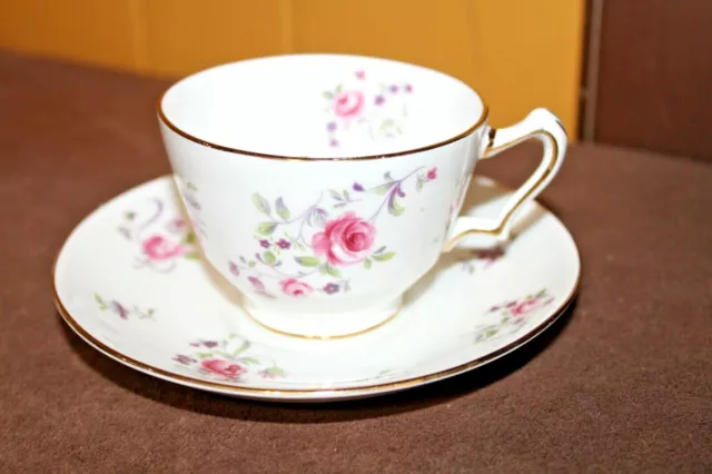 Crown Staffordshire TeaCup & Saucer Pink Roses Floral Pattern England Bone China