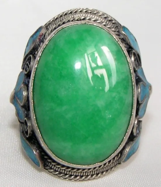 Old Chinese Green Jade Tibet Silver Enamel Flower Handmade Adjust Ring 3