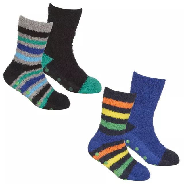 4 Pairs Of Boys Girls Fluffy Slipper Socks Striped Cosy Non-Skid Gripper Sock
