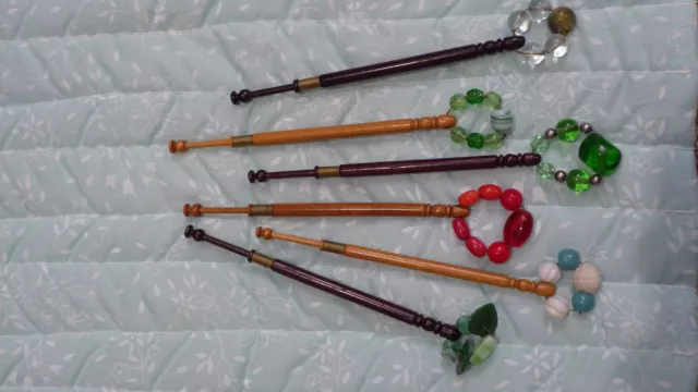 6 Lace Bobbins, Wood with Wire Details. Spangled