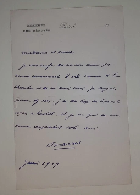Lettre Tapuscrite Autographe Signée De Maurice Barrès - 1917 - Rare Document Historique