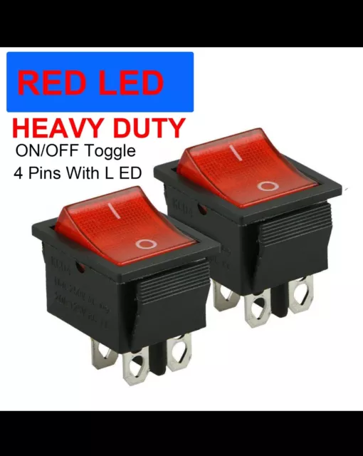 2X On/OFF Toggle Red Led Rocker Switch DPST  4 Pin Snap-In  AC 16A/250V 20A/125V