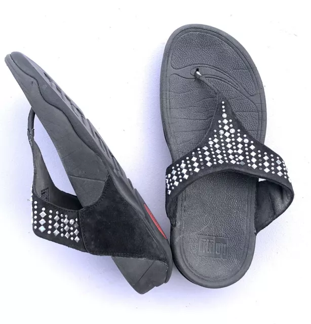 Fitflop Black Suede Thong Sandals Studs Rhinestones Sz 5