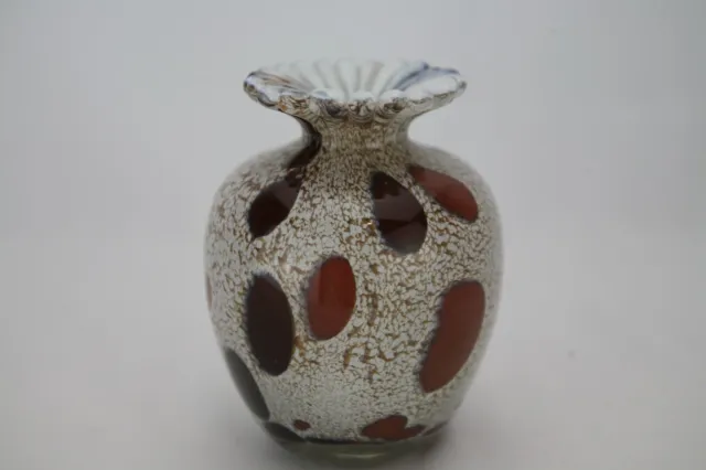 Vintage Guernsey Island Glass Vase, Mottled White with Red/Orange Lens