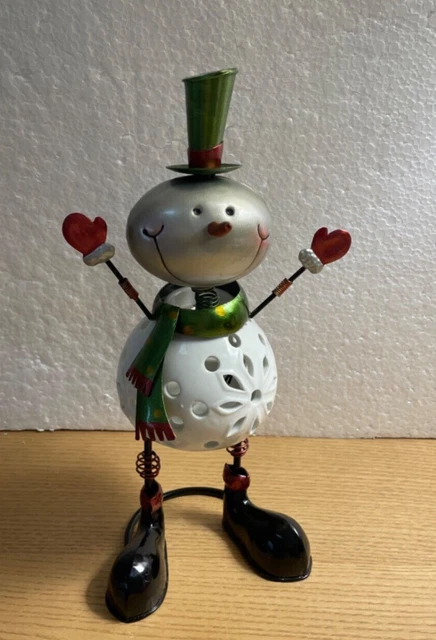 Metal Snowman Votive Candle Holder Spring Bouncy Head Whimsical Top Hat Scarf