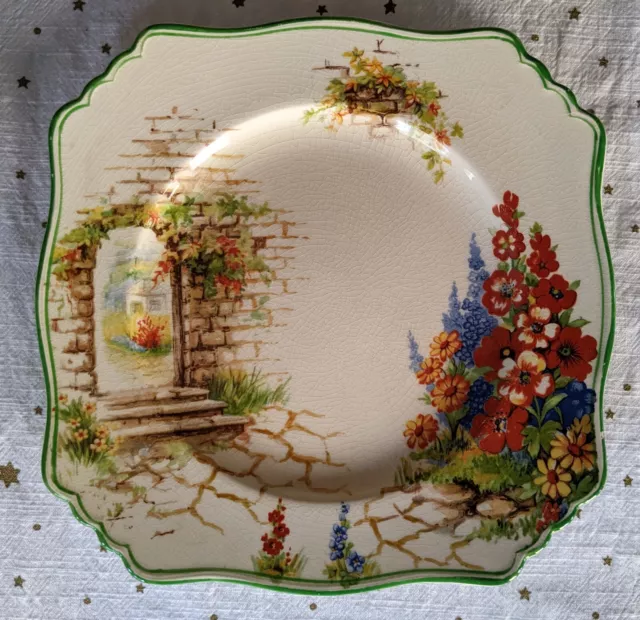 Vintage Grimwades Royal Winton Square Plate 9" Garden Path 1930