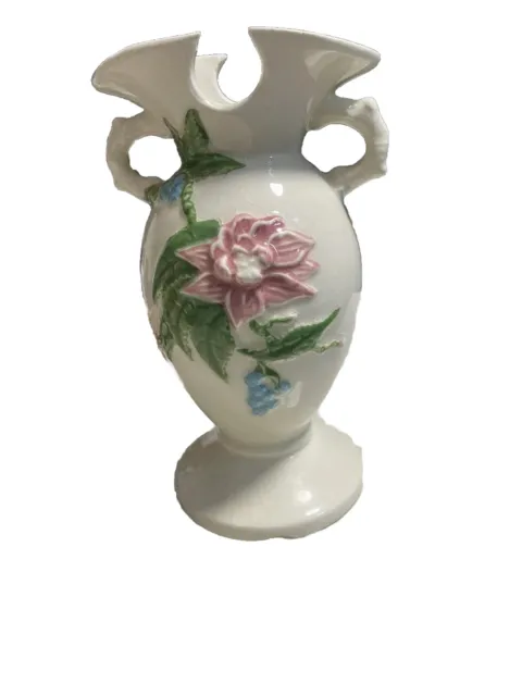 Vintage Hull USA Art Pottery Woodland Vase W4 6 1/2" Ivory With Pink Flower And