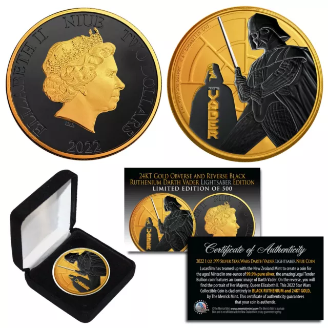 2022 NZM 1 oz Silver STAR WARS Coin 24K Gold Clad & BLACK RUTHENIUM DARTH VADER 3