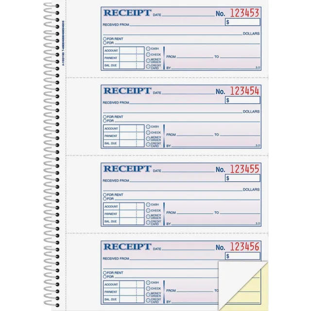 Adams Money Receipt Book Spiral 2-Part 7-5/8"x11" 200/BK WE/CA SC1182