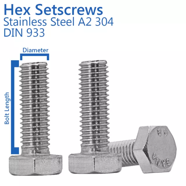 STAINLESS STEEL HEX SETSCREWS FULLY THREADED BOLT DIN 933 M12 - 12mm