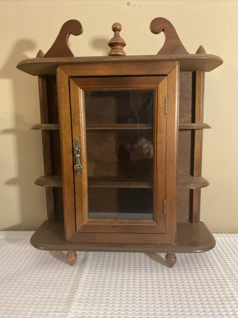 Vintage Wood Glass Door Table Top Wall Hanging Display Curio Cabinet 3 Shelf