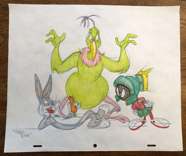 D4268: Bugs, Marvin and Martians Colored Drawing, DRAWN & SIGNED BY VIRGIL ROSS