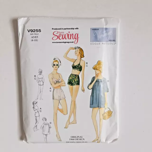 Traje de baño vintage Vogue sujetador top pantalones cortos y túnica de cubierta patrón de costura V9255