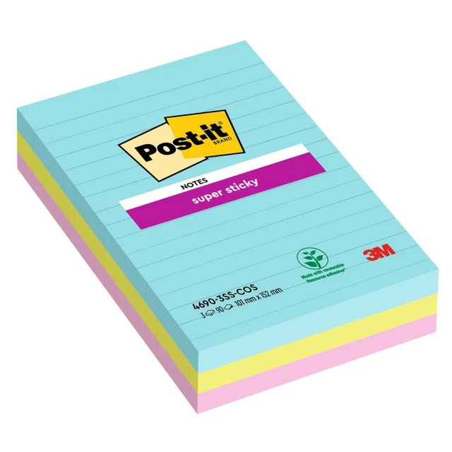 Blocco Post it® Super Sticky - 4690-SS3COS - a righe - 101 x 152 mm - colori Cos