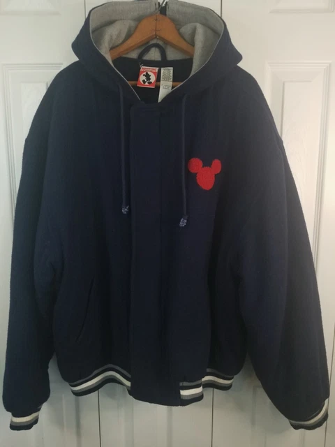 Vintage Walt Disney World Mens Mickey Mouse XXL Wool Varsity Jacket Hood Navy