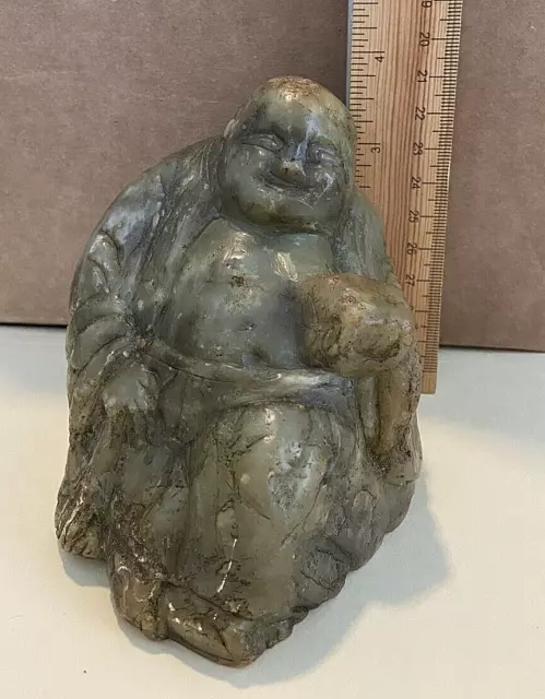 Vintage Celadon And Russet Jade Carving Of A Buddha 4" Tall