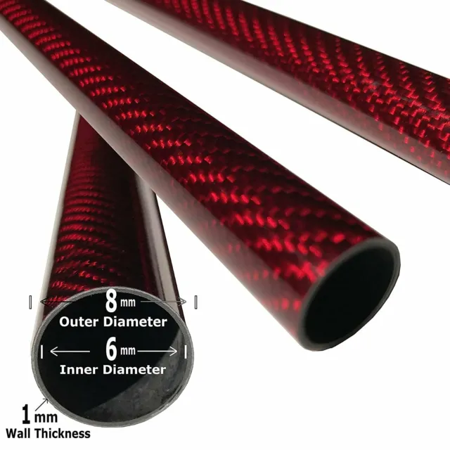 (2) RED-Carbon Fiber - Tubes - 8mm x 6mm x 500mm - 3K Roll Wrapped...