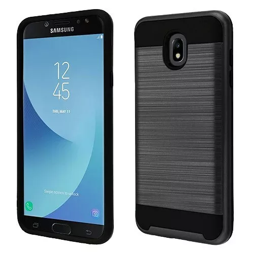 For Samsung Galaxy J7 Star/Refine/V 2018 Brushed Hybrid Case+BlackTemperedGlass