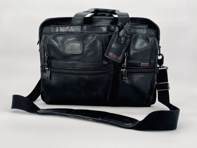 TUMI 96160DH ALPHA - Black Leather Laptop Briefcase Luggage Messenger Bag