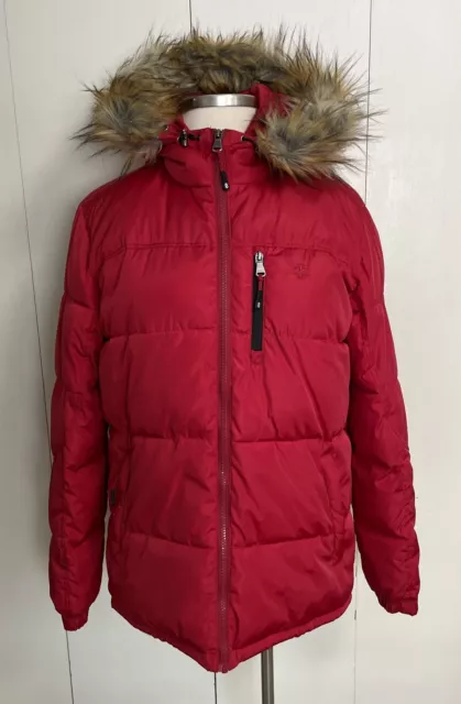 IZOD Women's Puffer Coat Insulated Jacket Red Hood With Removable Faux Fur Large