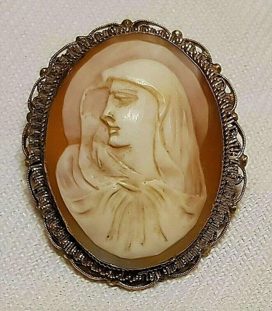 Broche Camée Vintage Coquille - Style Antique Années 70 - Monture Plaqué Or - Femme