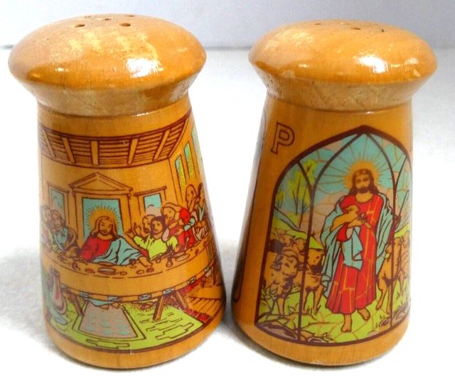 VINTAGE WOOD RELIGIOUS Last Supper Lord's Prayer Salt & Pepper Shaker