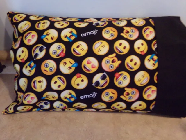 Travel-My Pillow-Toddler Size Pillowcase 2 Sided Emoji/ Black Cuff  12" X 18"