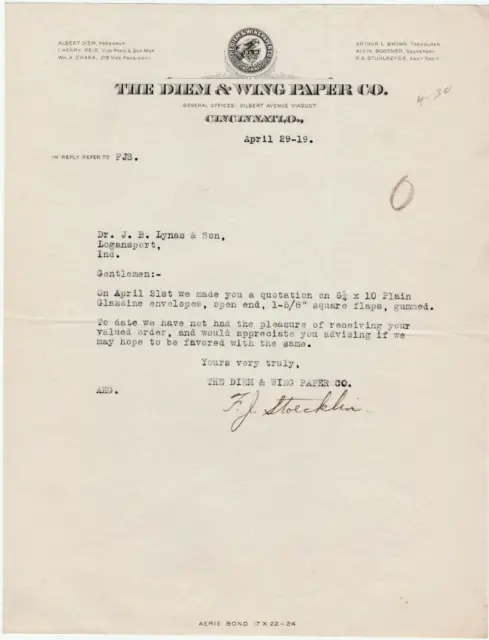 1919 Letter The Diem & Wing Paper Co. Cincinnati, Ohio to Dr. J. B. Lynas