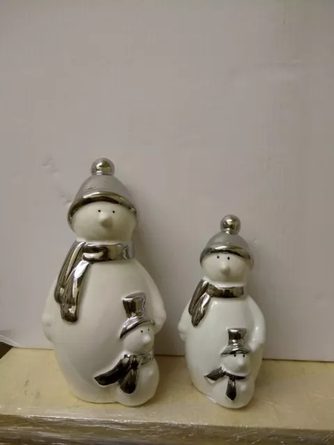 Pair of Small & Large White Silver Art Deco Snowmen And Snowchild Ornaments Xmas