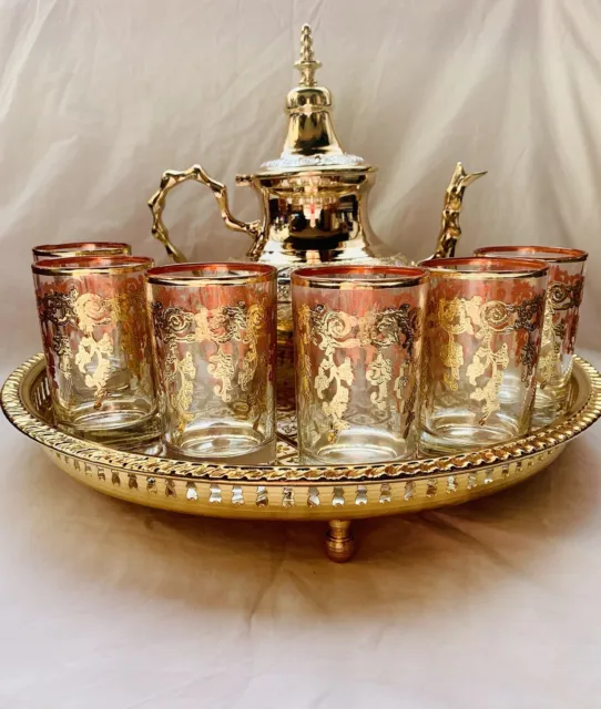 Moroccan Handmade Tea Set, 6 Tea Glasses, Teapot ,Tea Tray, Luxury Homeware*New*