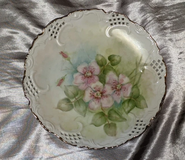 Vintage Hand painted  Plate Green w/pink floral