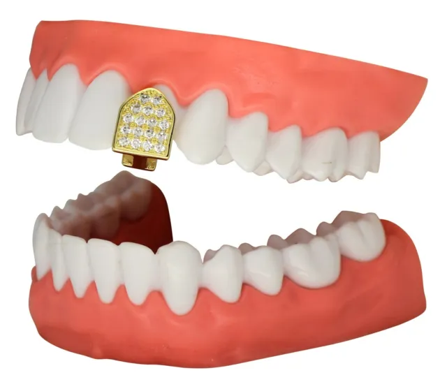 Icy CZ Single Tooth Grill Cap Custom Fit 14k Gold Plated Grillz w/Mold Hip Hop