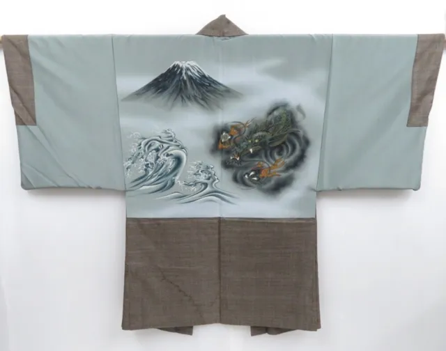 3513T08z530 Vintage Japanese Kimono Silk Men's HAORI Dragon Brown-Gray