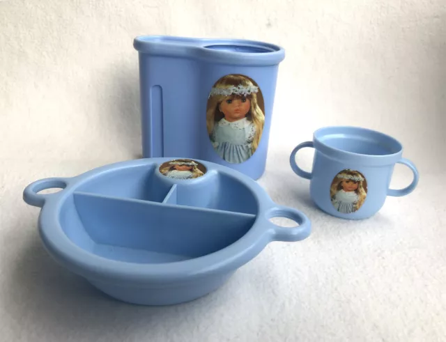 Puppengeschirr-Set - Teller, Becher, Flaschenwärmer, blau, Kunststoff, Babypuppe